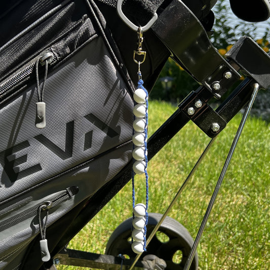 Beaded Golf Score Counter Keychain Blue String and White Beads- Sports / School Theme Colors
