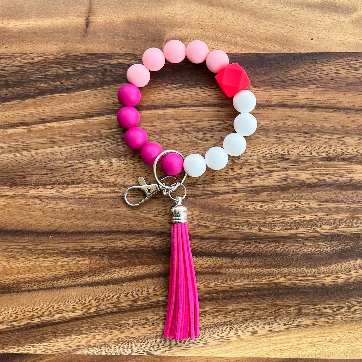 Bracelet Wristlet with Silicone Chunky Colorful Beads & Tassel for Women – Stylish Wrist Key Ring Accessory