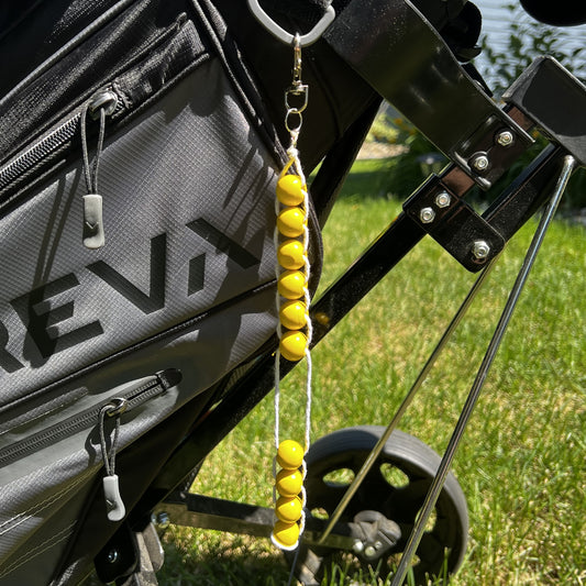 Beaded Golf Score Counter Keychain White String and Yellow Beads- Sports / School Theme Colors